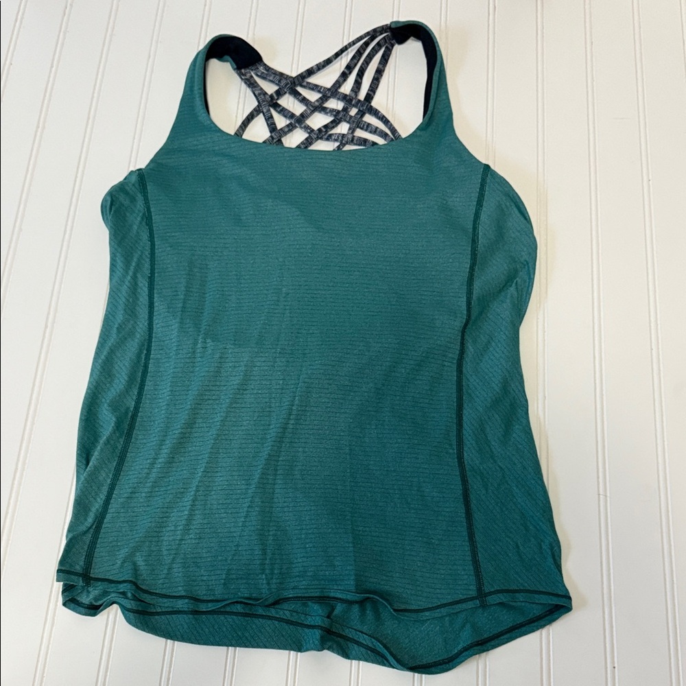 Lululemon Teal Striped Strappy Women's Top with Built-In Sports Bra Size 8